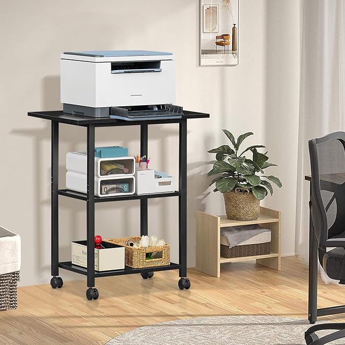 Lerliuo 3-Tier Printer Stand, Industrial Mobile Printer Table with Storage Shelf and Steel Frame, Rolling Printer Cart Holder with Lockable Wheels for Home, Office (Black)