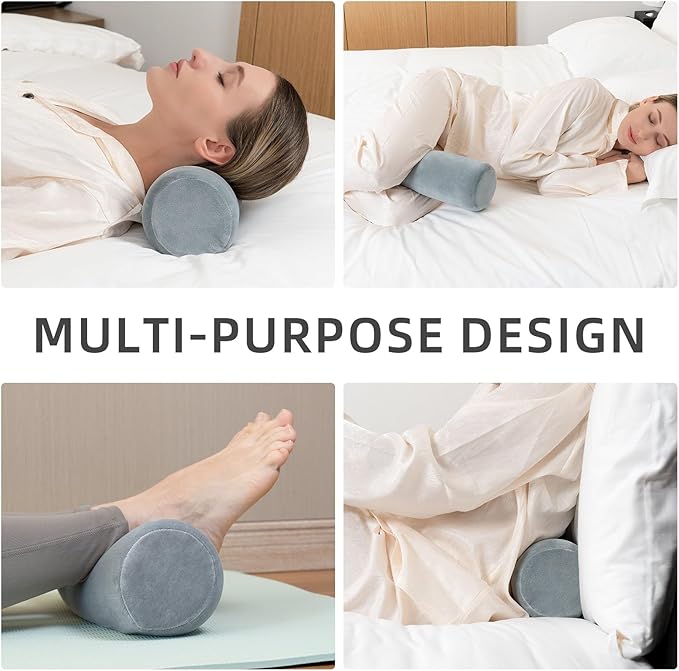Cervical Neck Pillow Roll Memory Foam Support Round Pillows for Pain Relief Sleeping, Bed, Legs, Back and Yoga Grey 17 x 4.5 Inches