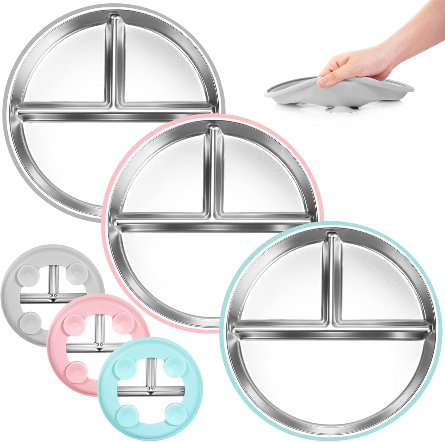 Stainless Steel Toddler Plates Silicone Suction,3 Packs Non-Slip Baby Plates,Divided Portion,Food-Grade Silicone Plate for Kids,LEAD-FREE Dishwasher Safe,Grey Green Pink