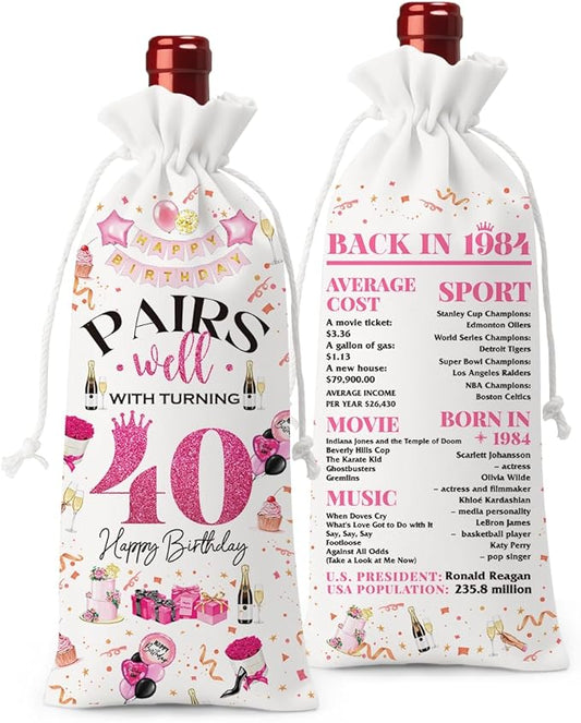 40th Birthday Gifts Women Men Wine Bag, 40 Year Old Birthday Gifts for Women Men, Happy 40th Birthday Party Decorations Woman Man, Pairs Well with Turning 40 Wine Bags (White Pink)