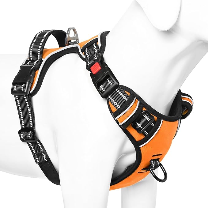 Timos Dog Harness Large Sized, No Pull with Neck Lockable Snap,No Choke Front Clip Dog Reflective Harness,Adjustable Metal Rings 3 Buckles,Easy Control Handle for Large Dogs Orange L