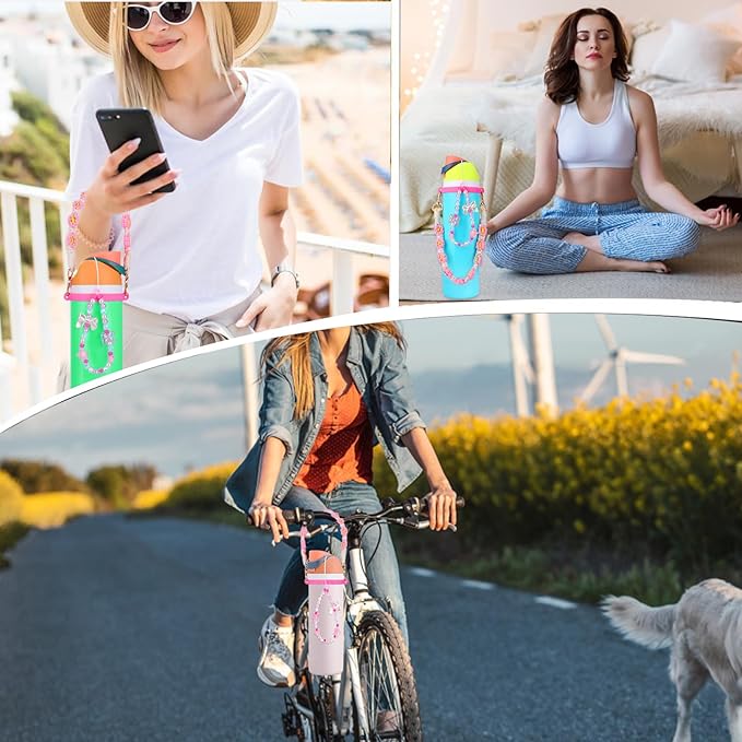 Mity rain Water Bottle Accessories Set for Owala, Including Water Bottle Handle Strap, Charms,Bohemian Style Personality and Easy to Carry (Pink, Universal (not Include Boot))