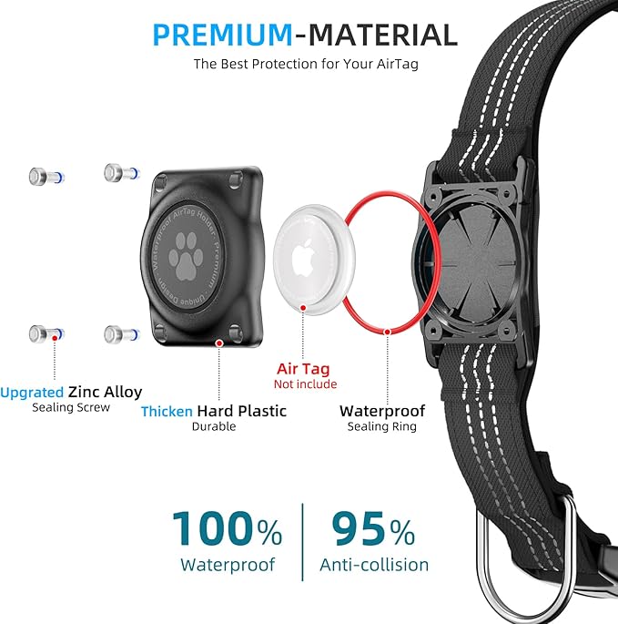Upgraded AirTag Dog Collar, IP68 Waterproof Air Tag Dog Collar Holder, Reflective, Ultra-Durable, Comfortable Padded, Heavy Duty Dog Collars for Small Medium Large Dogs (S (10.6"-13.6"), Black)