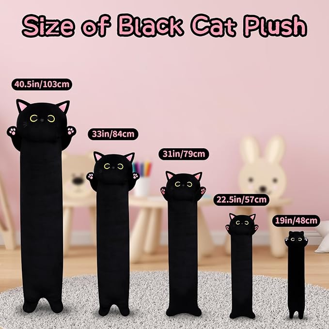Long Cat Plush Long Cat Body Pillow, 33" Cute Black Cat Stuffed Animals Cat Plushie, Soft Cartoon Cat Plush Pillow Kawaii Stuffed Cat Toys for Kids Girls Boys,Gifts for Birthday Halloween