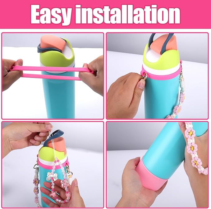 Mity rain Water Bottle Accessories Set for Owala, Including Water Bottle Handle Strap, Charms,Bohemian Style Personality and Easy to Carry (Pink, 24oz)