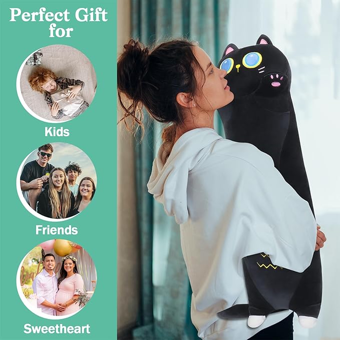 Long Black Cat Plush Pillow,35.5" Large Black Cat Stuffed Animal,Weighted Cat Plush,Cuddly Sleeping Hugging Stuffed Animal, Giant Cute Body Pillow,Plush Toy Gift at Birthday Kids Adults