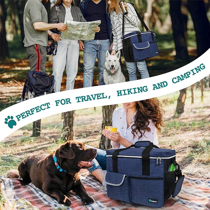 PetAmi Dog Travel Bag - Travel Pet Organizer with Food Container and Bowls, Perfect for Weekend Camping, Navy, Large