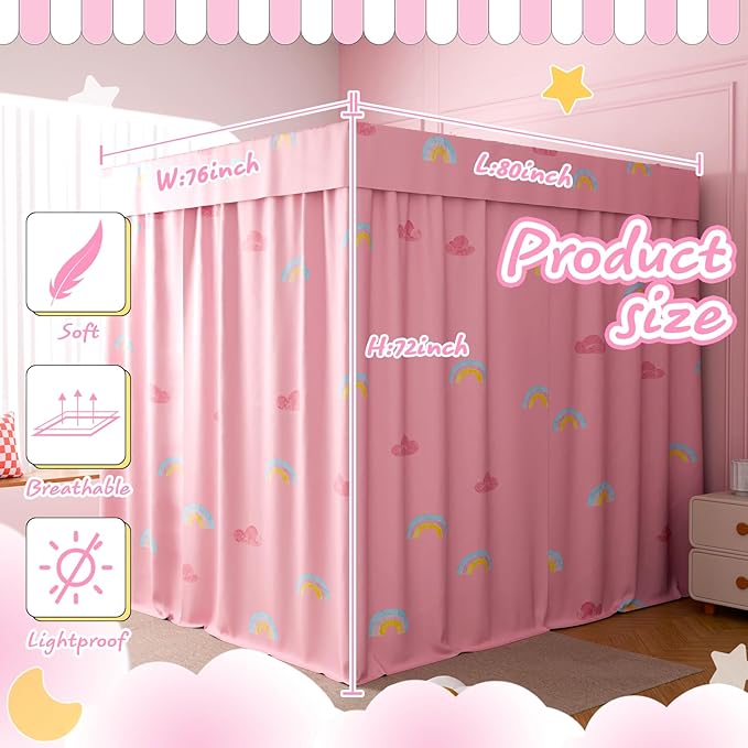Hvqic Pink Canopy Bed Curtains - 4 Corner Post Bed Curtains Lightproof Princess Bed Canopy for Girls Rainbow Canopy Bed Curtains for Kids Room Decor(King,Pink-Cloud)