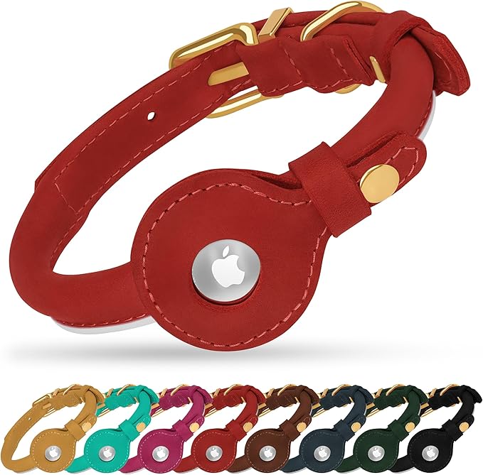 OOPSDOGGY Rolled Leather Dog Collar with Airtag Holder - Reflective Round Airtag Dog Collar - Soft Tracking Pet Collar for Small Dogs Puppy Cats Kitten (Red, M, 12"-15")
