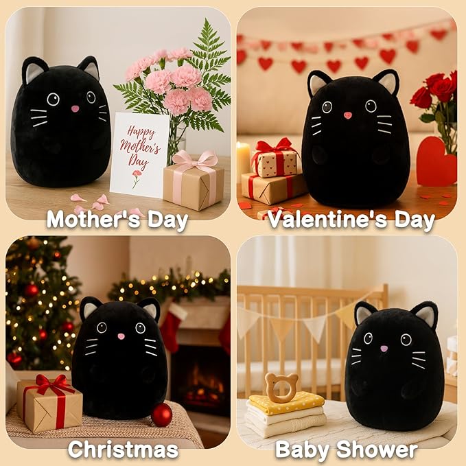 Black Cat Kitty Stuffed Animals Plush Toys with Embroidered Eyes for Boy Girl Baby Halloween Decoration Pillow Cushion Sofa Housewarming Gifts