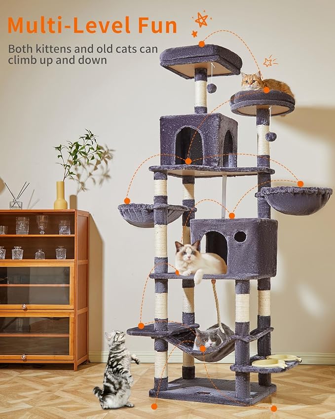 Taoqimiao 76-Inch Cat Tree Cat Tower for Indoor Cats, Plush Multi-Level Cat Condo with 12 Scratching Posts, 2 Perches, 2 Caves, Hammock, 2 Pompoms MS016G Smoky Gray