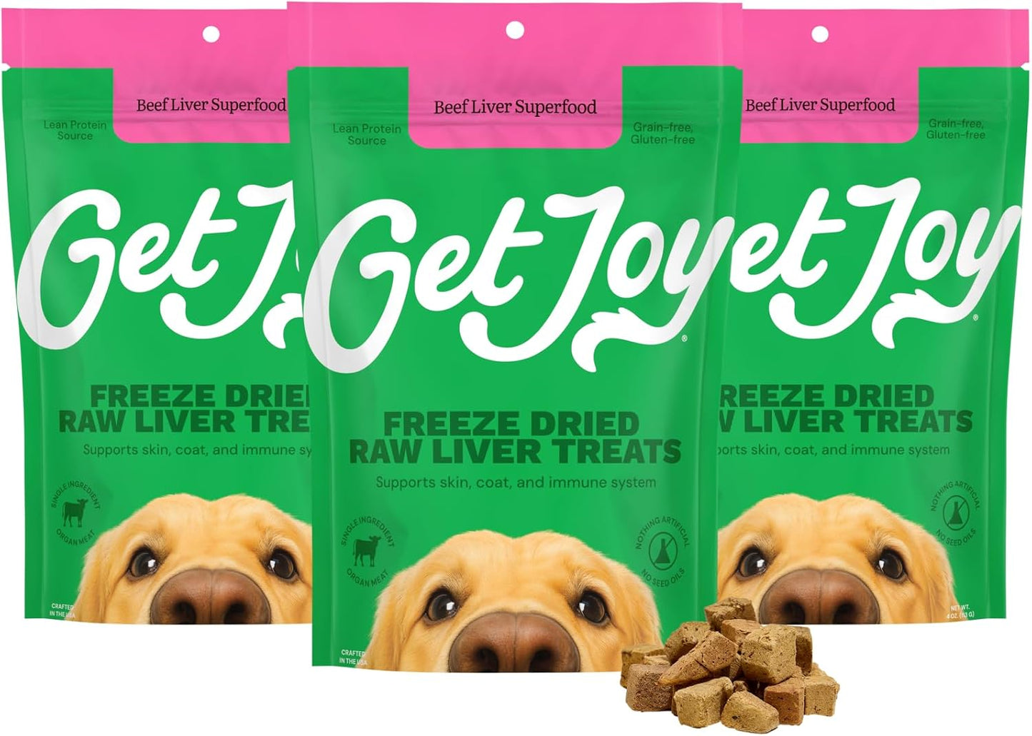Get Joy Freeze Dried Superfood 100% Beef Liver Dog Treats, 4 Ounce Bag (Pack of 3), Single Ingredient Organ Meat, High Protein, Vision, Skin & Coat Health, Grain Free, Gluten Free, Made in USA
