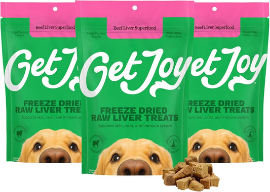Get Joy Freeze Dried Superfood 100% Beef Liver Dog Treats, 4 Ounce Bag (Pack of 3), Single Ingredient Organ Meat, High Protein, Vision, Skin & Coat Health, Grain Free, Gluten Free, Made in USA