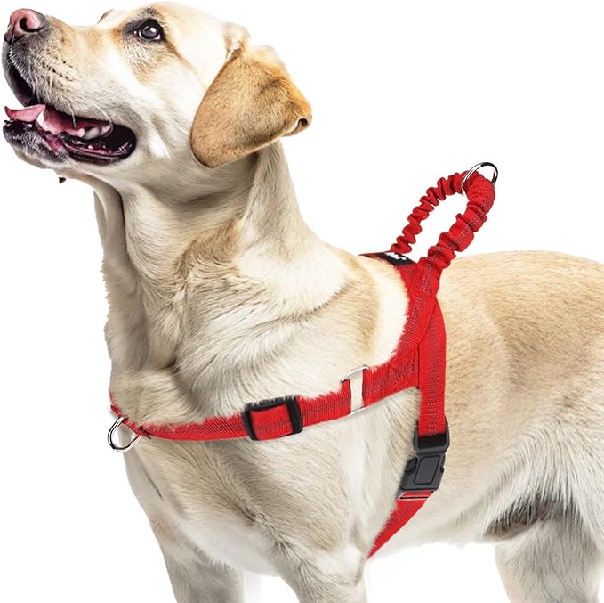 PUPTECK No Pull Dog Harness for Large Dogs, Adjustable Reflective Pet Vest Harness with Bungee Handle, Escape Proof No Choke Harness for Large Dogs Walking Training, Red L