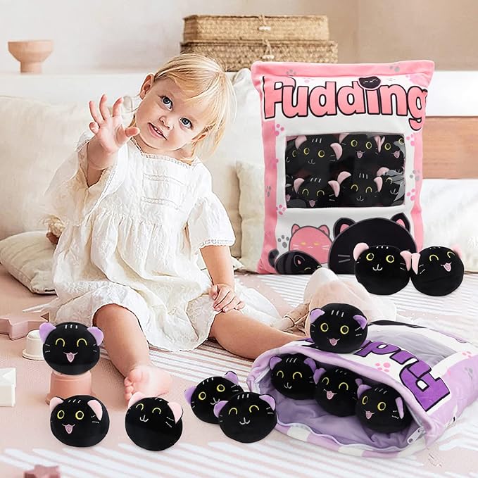 Plush Pillow Throw Pillow, Removable Black Cat Stuffed Animals Plush Toys, Bag of Cat Plushies, Stuffed Cat Plush Pillow Gift for Kids Sofa Chair Decorative Pillow, 8 Cute Black Cat (Purple)