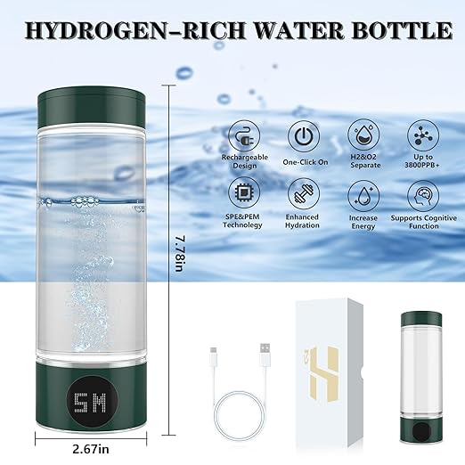 Hydrogen Water Bottle, Hydrogen Water Generator 1700+PPB Fourth Generation SPE PEM Technology, Portable High Borosilicate Glass Hydrogen Water Generator Quick Electrolysis