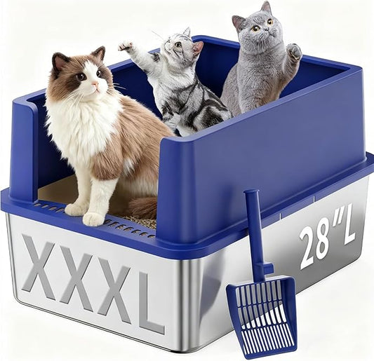 28" Extra Large Stainless Steel Cat Litter Boxes with Lid Metal Cat Litterbox Pan for Big Cats and Multiple Cats, Anti-Leakage, Easy Cleaning, Include Scoop