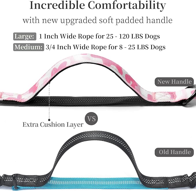 iYoShop Hands Free Dog Leash with Zipper Pouch, Dual Padded Handles and Durable Bungee for Walking, Jogging and Running Your Dog (White-Pink Mix, Large)