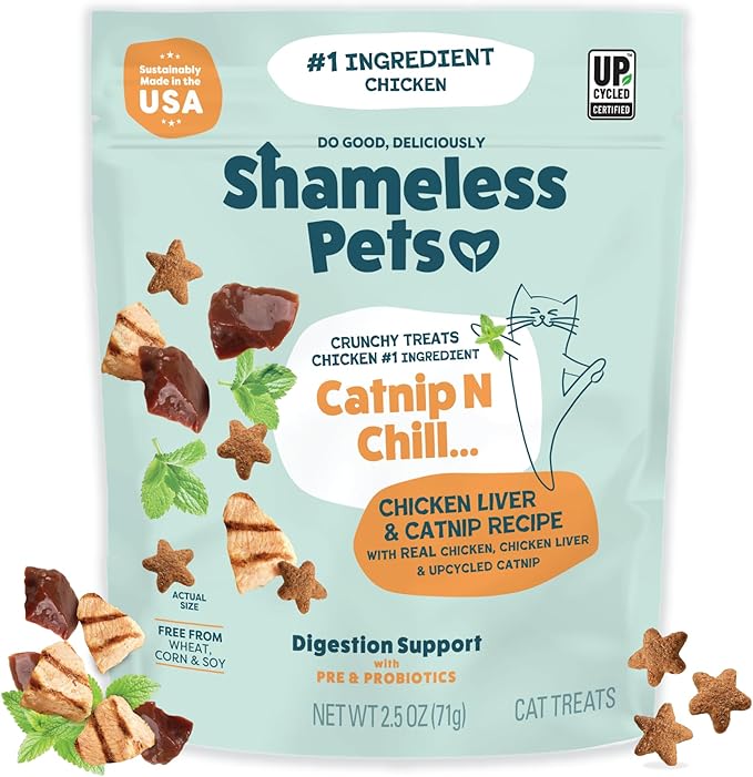 Shameless Pets Crunchy Cat Treats - Catnip Treats for Cats with Digestive Support, Kitten Treats with Real Ingredients, Natural & Healthy Flavored Feline Snacks - Catnip N Chill Chicken Liver, 1-pk
