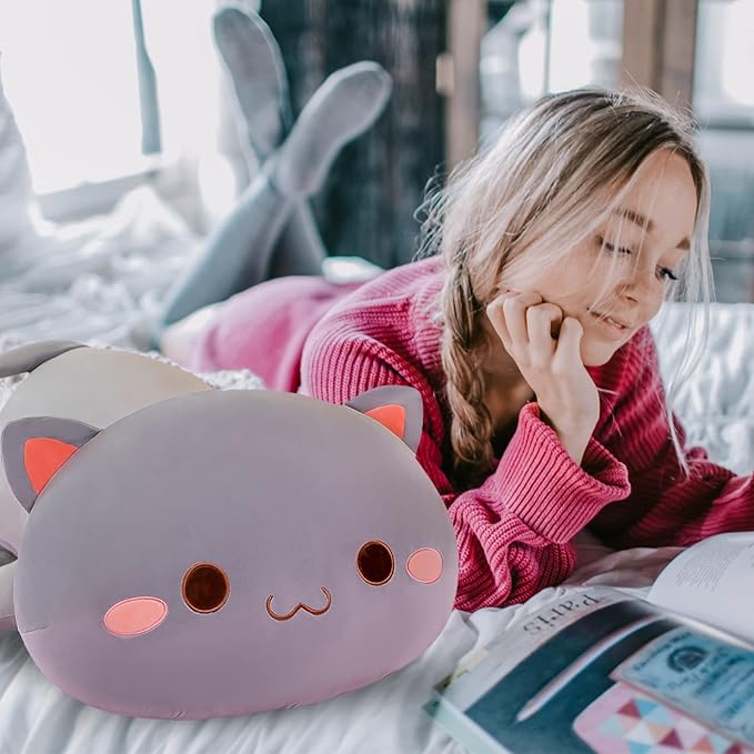 FUYU Cat Stuffed Animals, Soft Cat Plush Pillow Kawaii Kitten Stuffed Animal Toy Gifts for Kids Boys Girls Room Decor (Grey Round Eyes,35in/87)