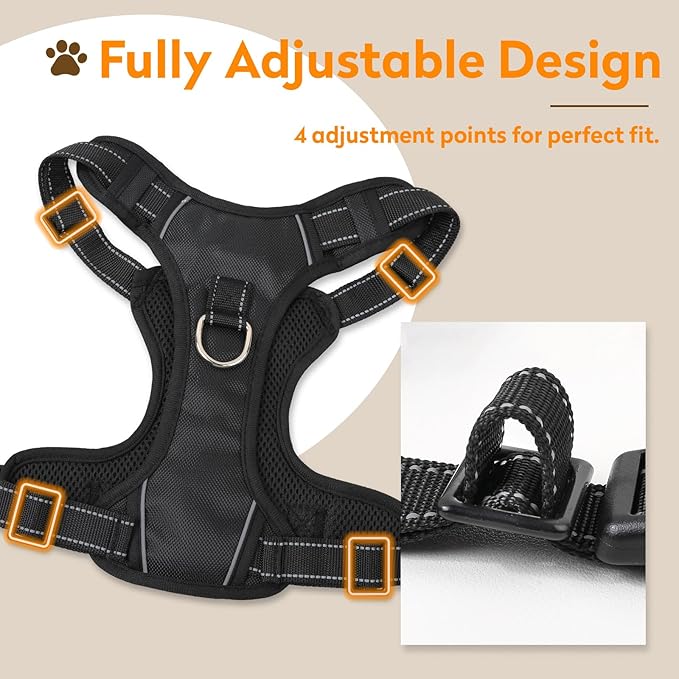 No Pull Dog Harness with 2 Leash Clips, Reflective Adjustable Soft Padded Vest with Handle, Breathable Oxford No Choke Pet Vest for Medium Sized Dogs, Black,M