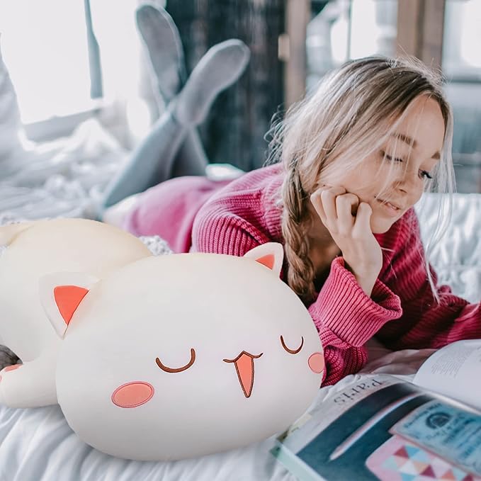 FUYU Cat Stuffed Animals, Soft Cat Plush Pillow Kawaii Kitten Stuffed Animal Toy Gifts for Kids Boys Girls Room Decor (White Squinted Eyes,35in/87)