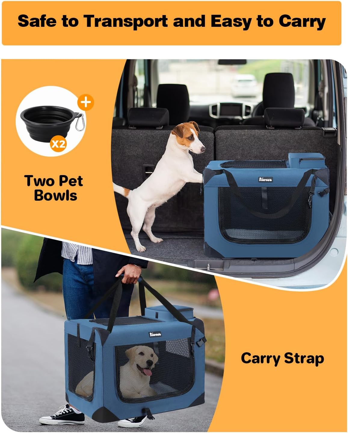 Extra Large Dog Crate with 2 Foldable Bowl, 40 Inch Collapsible Travel Dog Crate Kennel with Soft Blanket for Medium Dogs,Indoor & Outdoor (40" L x 27" W x 27" H, Navy)