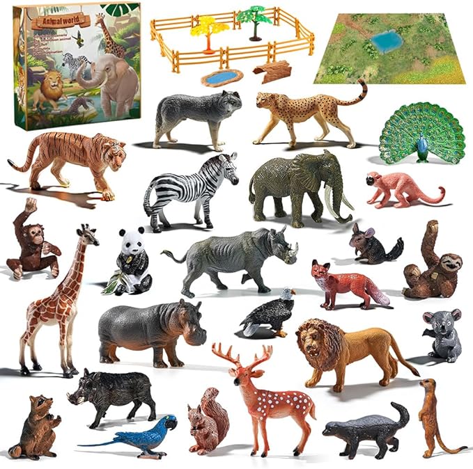 Realistic Animal Toys for Kids 3-5-7 Toddlers, 25pcs Safari Animals Figures Playset, Wild Zoo Animal Figurines Plastic Toy Set for Boys and Girls Gifts with Play Mat