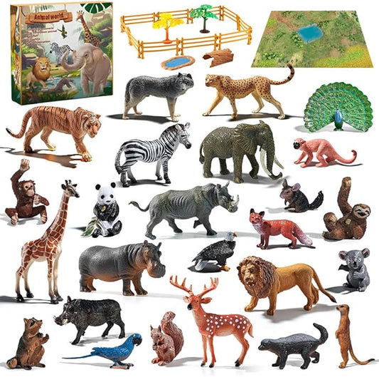 Realistic Animal Toys for Kids 3-5-7 Toddlers, 25pcs Safari Animals Figures Playset, Wild Zoo Animal Figurines Plastic Toy Set for Boys and Girls Gifts with Play Mat