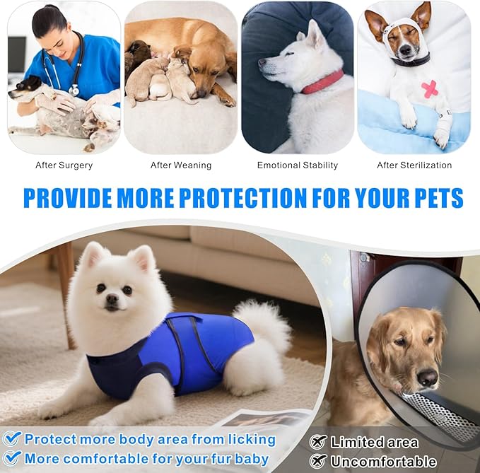 Idepet Dog Recovery Suit Female,Dogs Onesie Suit Surgery Male Breathable Pet Bodysuit for Spay Neuter E-Collar & Cone Alternative Surgical Suit Puppy Abdominal Anti Licking Wounds Shirt (Blue, S)