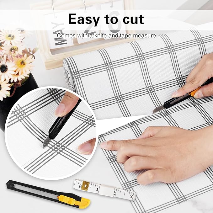 Shelf and Drawer Liner for Kitchen Cabinet,12 in x 20 FT Cabinet Liner Non-Adhesive Non-Slip Contact Paper Waterproof Kitchen Liner Protect Desks, Cupboard with Knife and Tape Measure