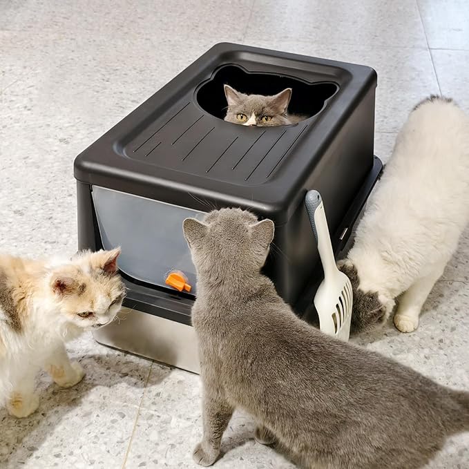 Stainless Steel Litter Box with Lid, Extra Large Cat Box with high Sides, Kitty Litter Pan Enclosure, top Entry Cat Litter Box Extra Large with Litter Scoop & Litter Mat, Anti-Leakage (XL Black)
