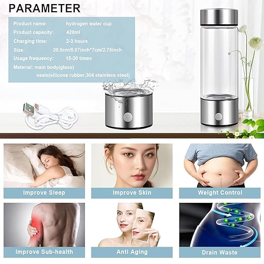 Hydrogen Water Bottle, 1200Pbb Portable Hydrogen Water Ionizer Machine, Hydrogen Water Generator, Hydrogen Rich Water Glass Health Cup Water Ionizer Machine for Office, Travel, Daily Drinking Silver