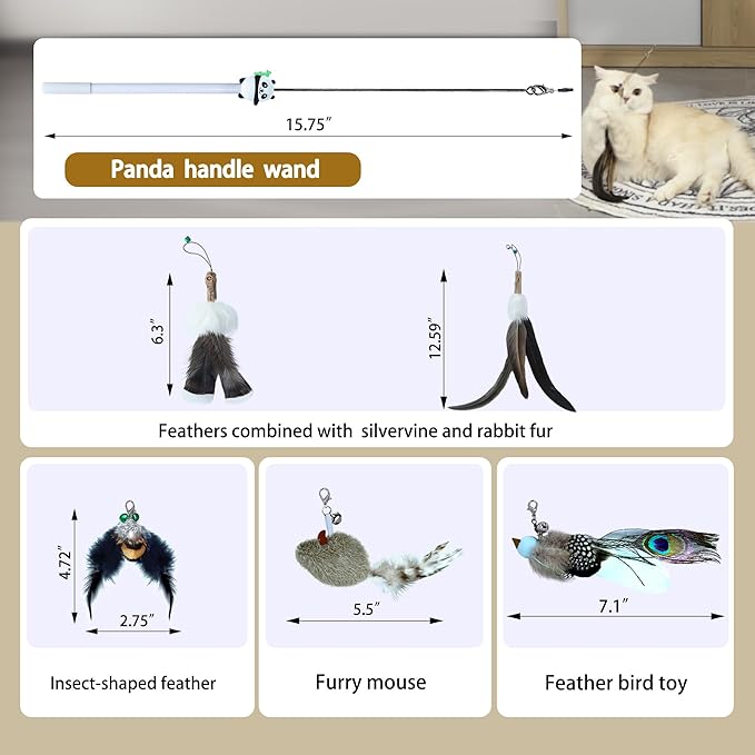 Cat Wand Refill Feather 5PCS - Undyed Natural Feather Attachment Replacement with Bell,Clasp