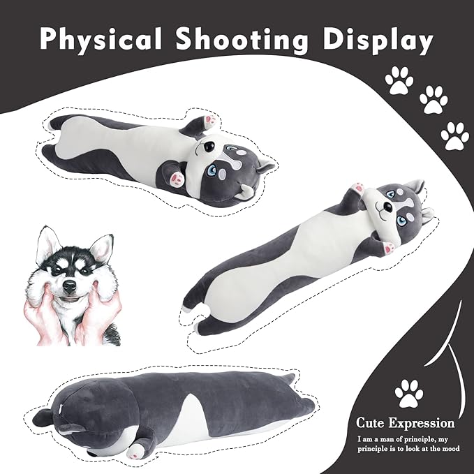 Long Husky Plush Pillow, 27.6in Cute Dog Plushie Stuffed Animals Body Pillow, Kawaii Husky Soft Plushie Doll Toy Birthday Gift for Kids Girlfriend