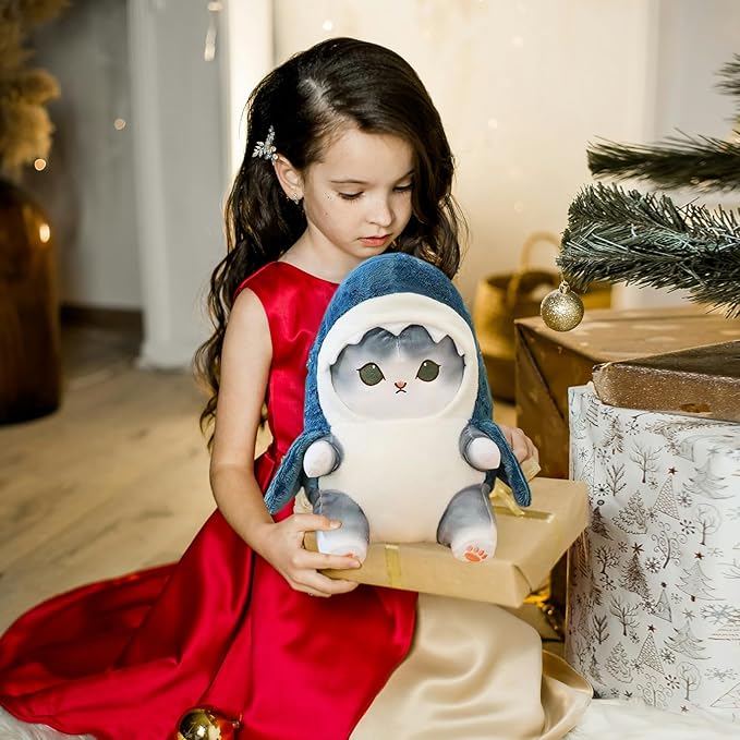 Kawaii Shark Cat Plush Toy Stuffed Animal Doll, Cute Soft Pillow Stress Release Hugs Toys Christmas Halloween Birthday Gifts for Kids Boys Girl Best Gift (Blue - Grey,12 inch)