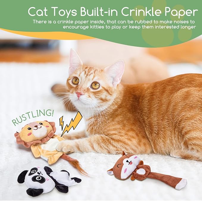 Nobleza Catnip Toys, 5Pcs Cat Chew Toys for Indoor Cats Clearance, Cute Animal Shapes Plush Kitty Teething Toys with Crinkle Paper for Pet Birthday, Interactive Kitten Kicker Toy with Organic Cat Nip