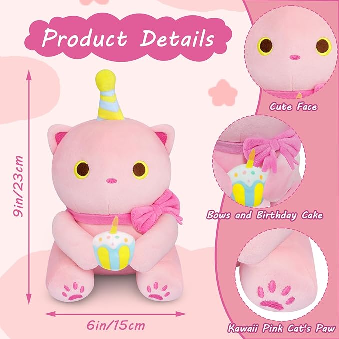 Cat Stuffed Animal - 8 Inch Pink Cat Birthday Stuffed Animal, Cute Stuffed Cat Plush Toy Happy Birthday Gifts for Kids Boys Girls