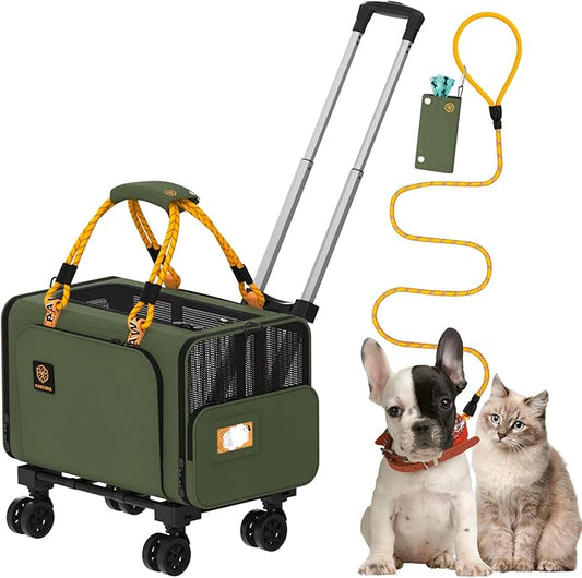 PAWZIDEA Pet Carrier with Wheels, 18x11x11 TSA Airline Approved Cat Carrier for 2 Cats Under Seat, Expandable Soft-Sided Dog Carrier for Small Dogs Rolling Travel Bag with Telescopic Handle, Foldable