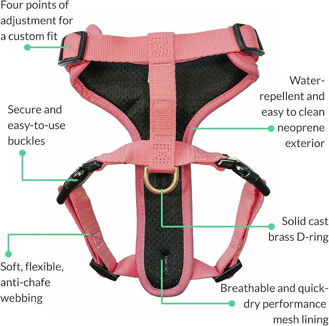 DJANGO Adventure Dog Harness - Stylish, and Durable Large Dog Harness for Outdoor Adventures and Everyday Wear - Quartz Pink Neoprene Adjustable Harness for Dogs with Reflective Piping, Brass D-Ring