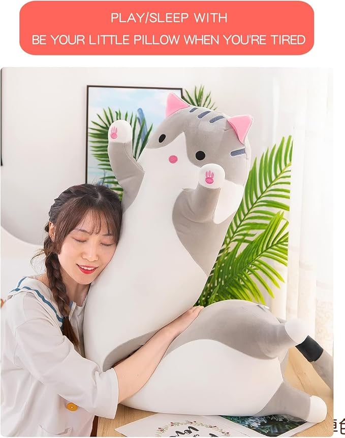 Cat Soft Plush Pillow Cute Cat Body Pillow, Long Stuffed Cat Plush Cat Stuffed Animal Toy Kitten Long Throw Pillow Gift for Kids Girlfriend(70CM,Grey)