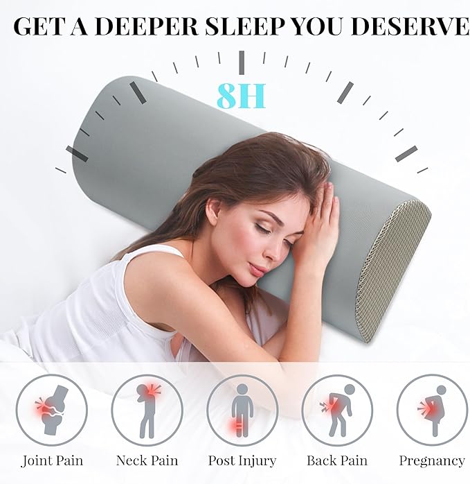 Large Knee Pillow for Side Sleepers Memory Foam Leg Pillows for Sleeping Yoga Bed Half Moon Bolster Pillow for Neck Pain Relief with Pillowcase 23.6"x8.7"x5"(Cooling Grey, Extended Size)