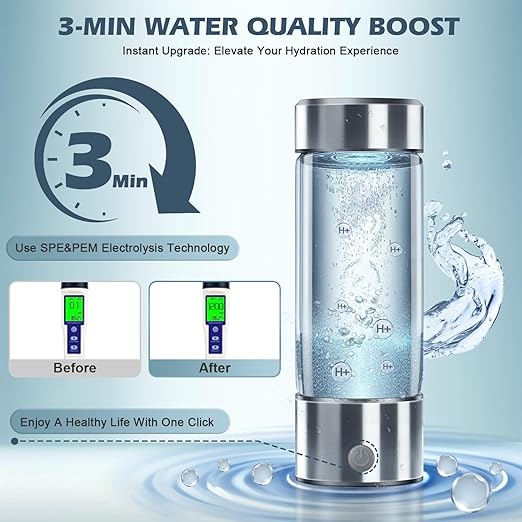 Hydrogen Water Bottle 450ml Rechargeable Hydrogen Water Generator with PEM SPE Technology Hydrogen Water Machine with Stickers 3Min Quick Electrolysis for Office Travel Daily Drinking Best Present