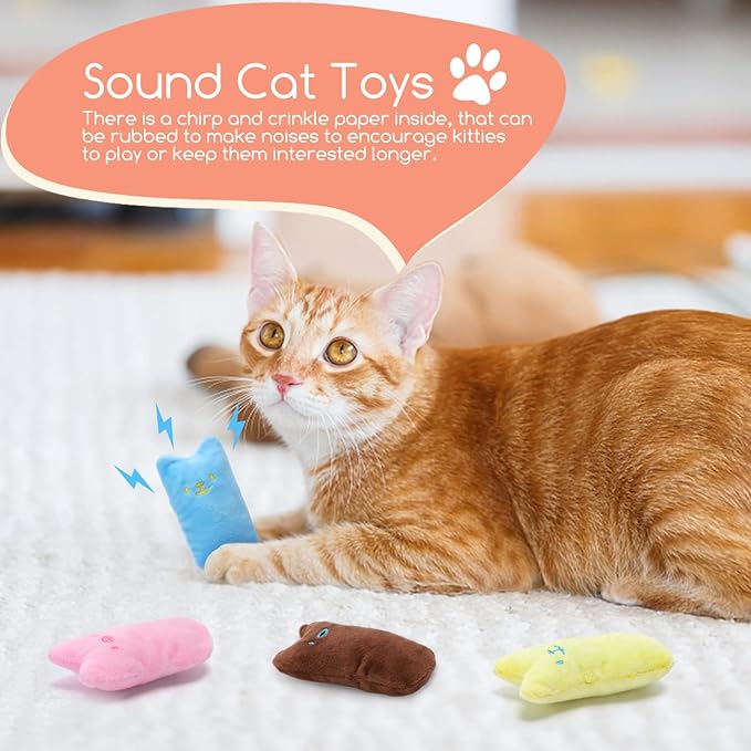 Nobleza Kitten Toys for Indoor Cats, 4 Pack Catnip Cat Teething Chew Toys with Crinkle Paper, Soft Plush Interactive Toy Funny Cute Birthday Gift for Kitty Kicking & Playing, Brown/Blue/Pink/Yellow