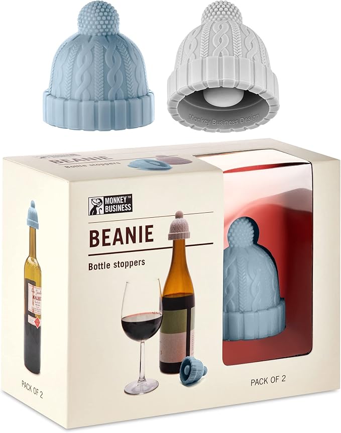 Monkey Business Beanie Wine Stopper | 2 Wine Stoppers in 1 Pack | Cute Wine Accessories | Fun Kitchen Gadgets | Wine Stoppers for Wine Bottles | Knit-Beanie-Shaped Wine Bottle Stopper w/a Pom-Pom