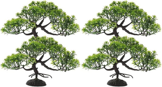 LOGOFUN 4 Pcs Aquarium Bonsai Tree Artificial Water Plant Fish Tank Decorations (Deep Green)