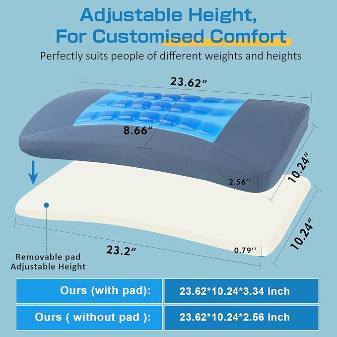 Gel Lumbar Support Pillow for Sleeping with Adjustable Pad Relief Lower Back Pain: Cooling Back Support Pillow for Bed - Ergonomic Memory Foam Wedge Bolster Pillow for Side, Back and Stomach Sleepers
