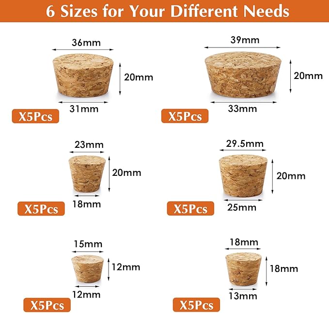 30 Pcs 6 Sizes Tapered Cork Plugs, Wine Bottle Corks Wood Bottle Corks Mini Wood Cork Stoppers Tapered Cork Plugs Replacement Small Craft Corks for Wine Beer Bottles Crafts Glass Bottle