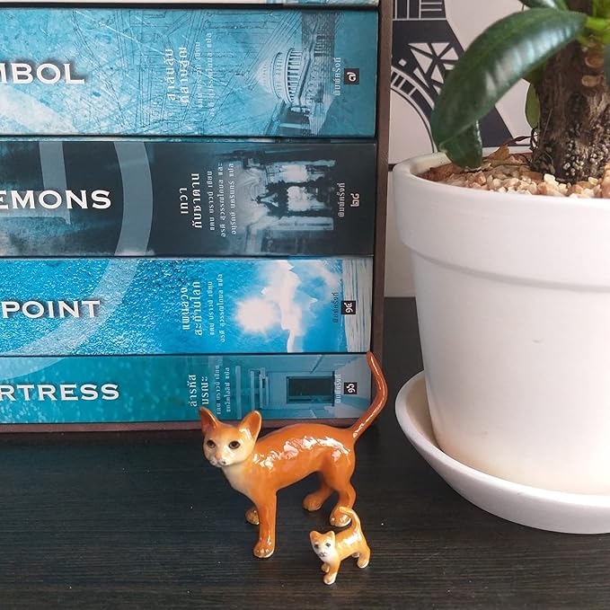 Ceramic Burmese Cat Mom and Baby Kitten Figurine Pet Kitty Porcelain Collectible Miniatures Dollhouse Hand Painted Animal Red Brown, 2.1 x 0.9 x 2 inches (L-W-H)