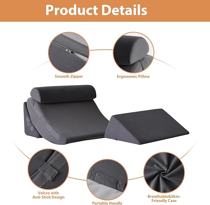 Orthopedic Bed Wedge Pillow Set 4PCS, Wedge Pillow Set for Back Pain Relief, Sitting up in Bed, Post Surgery, Acid Reflux, Snoring&GERD, Body Pillow for Sleeping,Leg,Neck,Shoulder Support, Velvet Grey